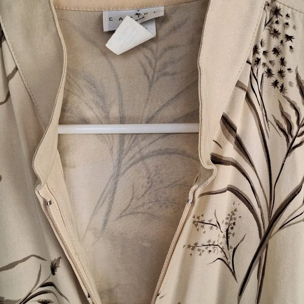 Classic Caribe Floral Beige Women's Jacket SzM Zip Front Pockets Rayon Blend